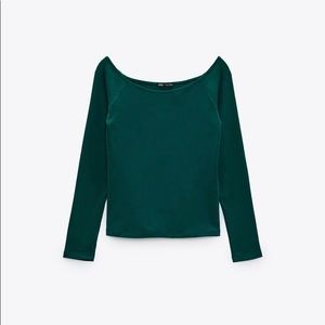NWOT ZARA OFF THE SHOULDER JACQUARD KNIT TOP TURQUOISE GREEN